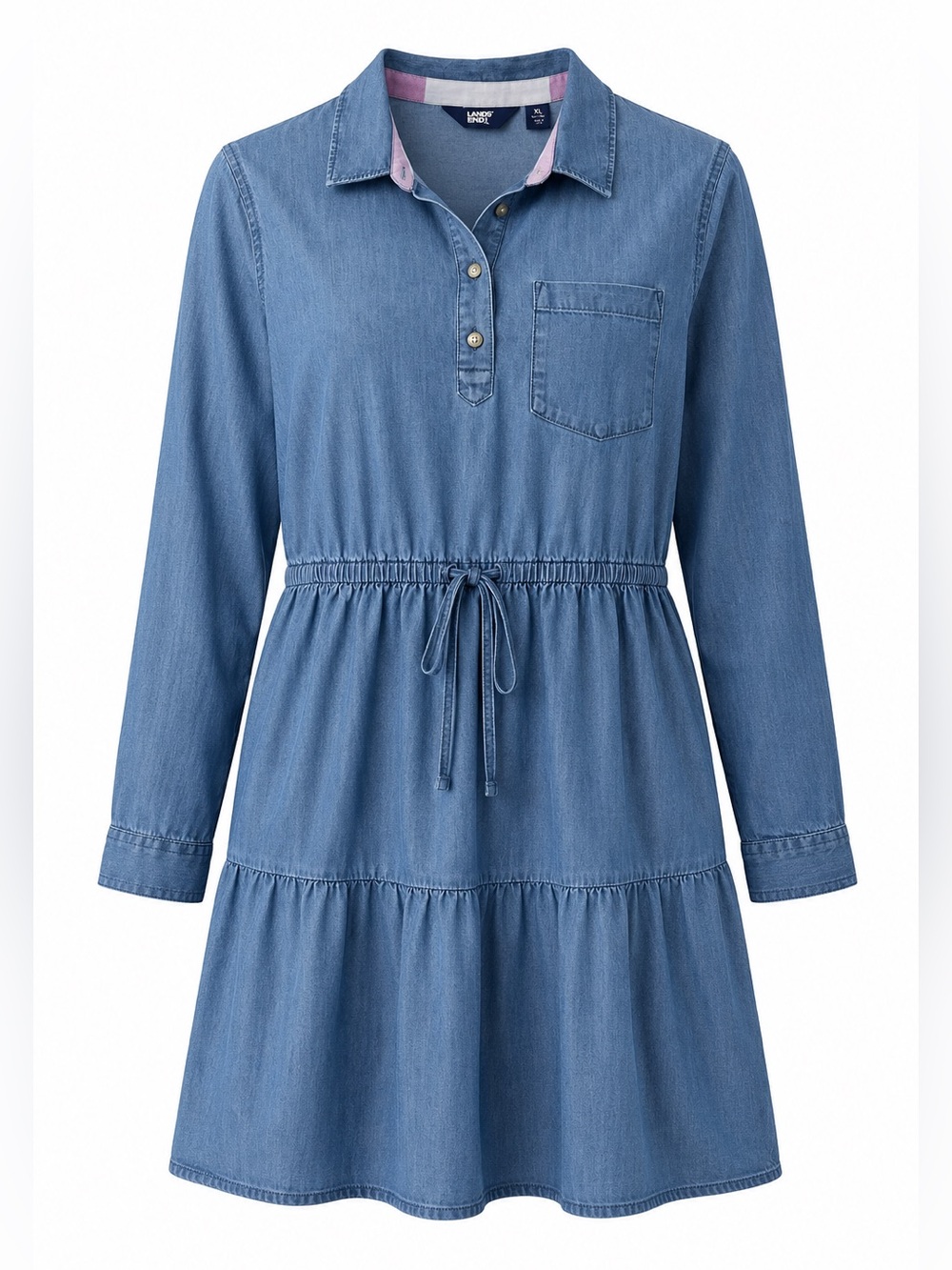 Lands’ End Girls Chambray Shirt Dress Tiered Collared Pockets XL 14-16 - Picture 2 of 10